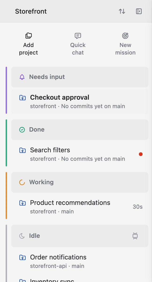 Korus Activity view grouping storefront agents into Needs input, Done, Working, and Idle