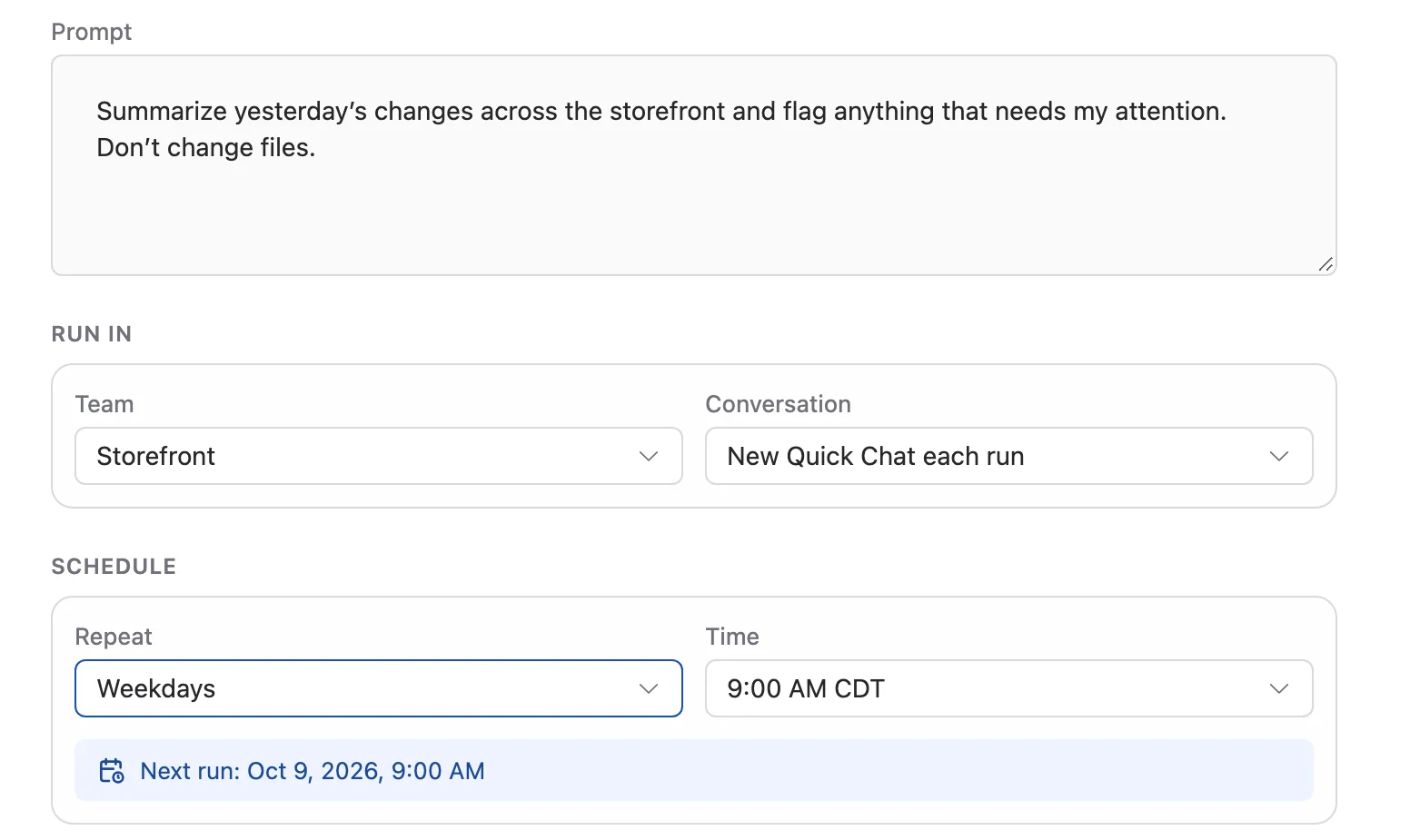 An automation with a prompt, a team, and a weekday 9 AM schedule