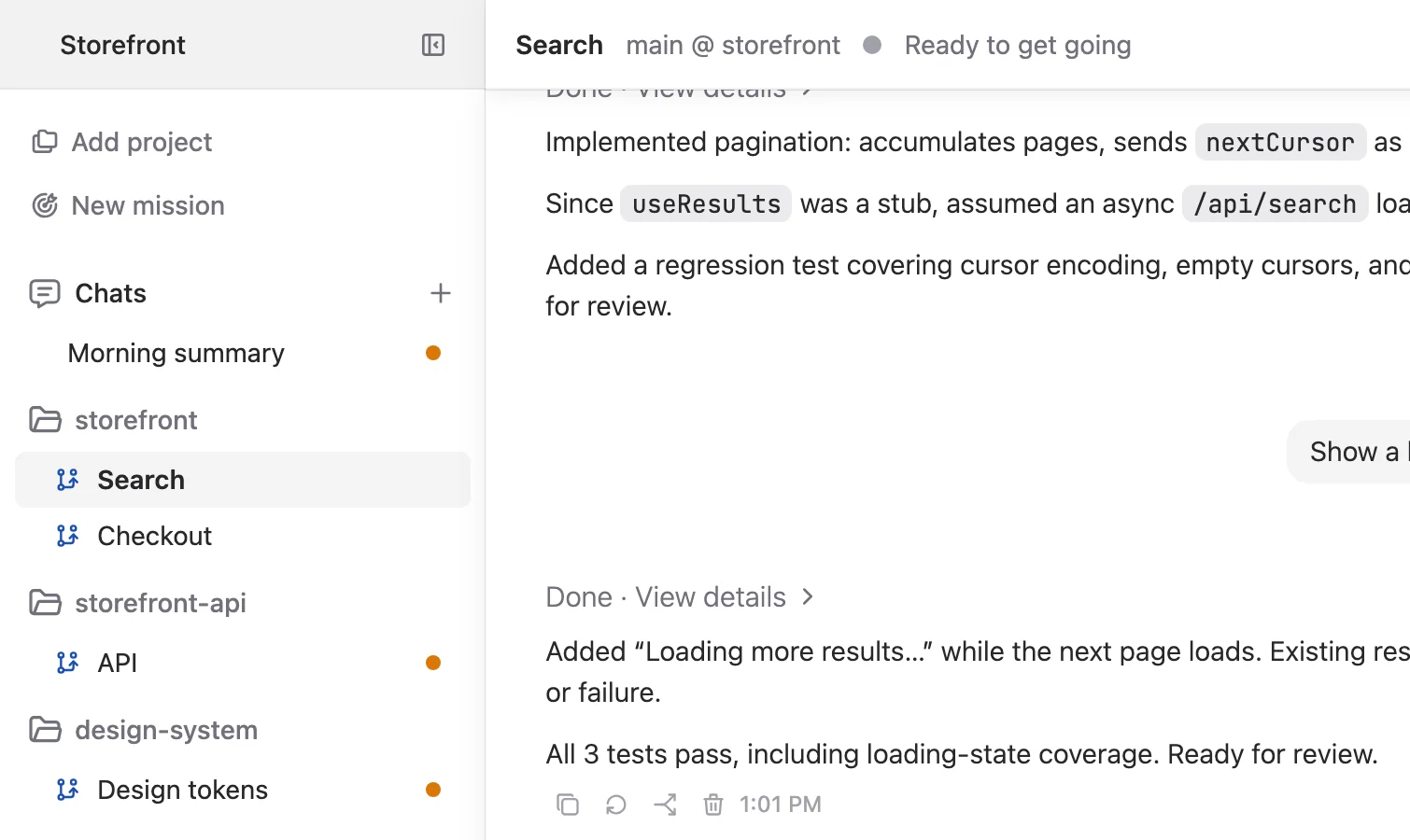 The sidebar showing agents that are working or have unread results